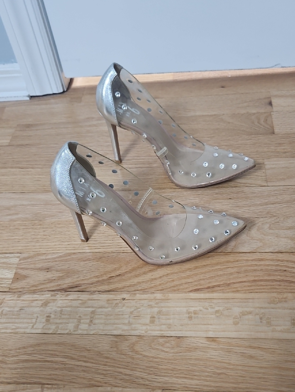 Mix No. 6 Clear Pointed Pumps with Silver Heel and Rhinestones
